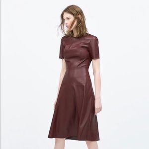 Zara Midi Leather Dress in Burgundy, Size XS
